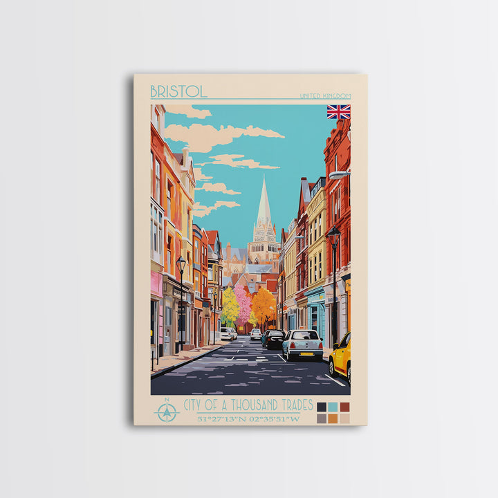 Bristol United Kingdom Travel Poster Framed Canvas Print, Midcentury Modern Art, Pop Art Wall Decor, Scenic Wall Art, Living Room Art