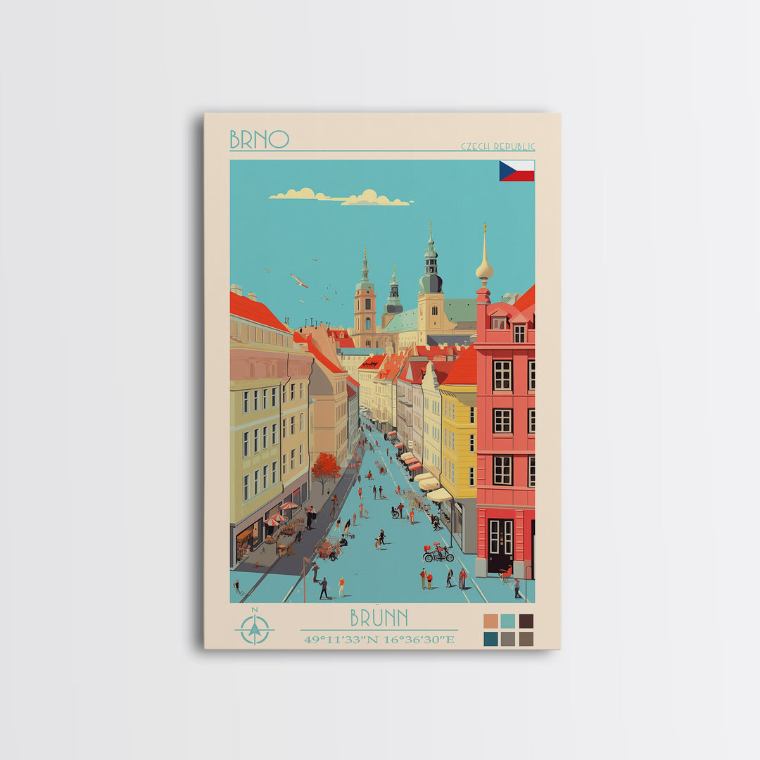 Brno Czech Republic Travel Poster Framed Canvas Print, Midcentury Modern Art, Pop Art Wall Decor, Home Decor, Vacation Gift, Living Room Art