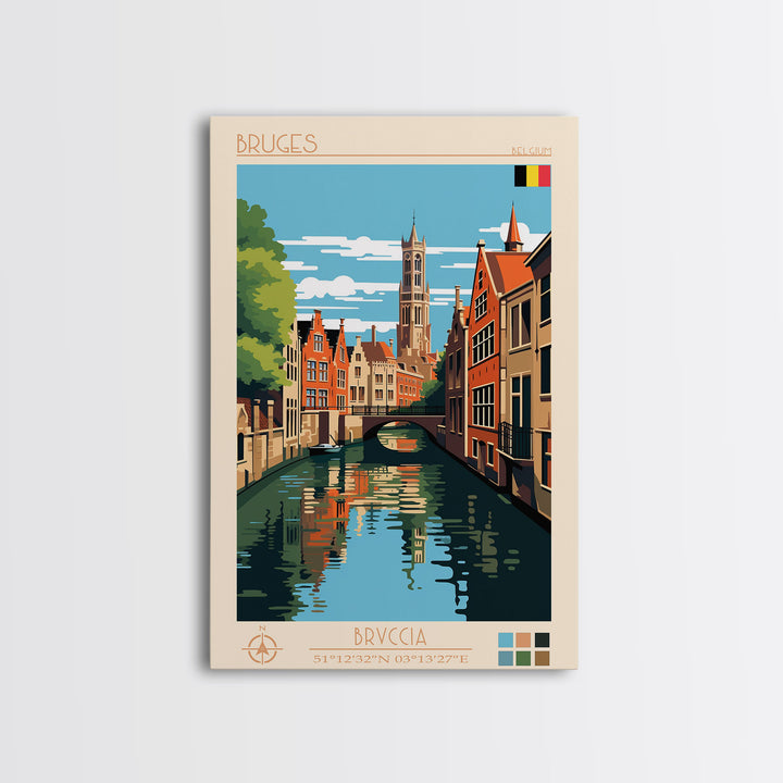 Bruges Belgium Travel Poster Framed Canvas Print, Vintage Style, Pop Art Home Decor, Scenic Wall Art, Living Room Decoration, Artistic Gift