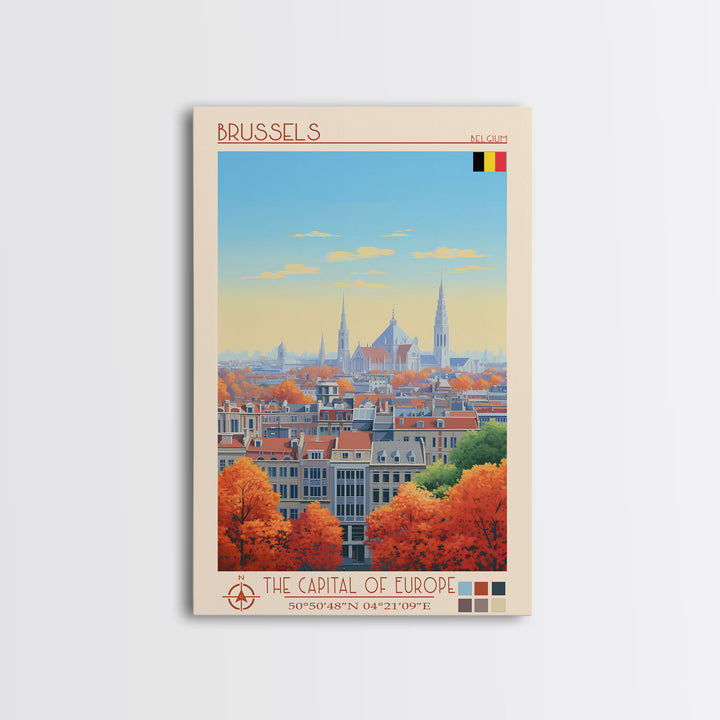 Brussels Belgium Travel Poster Framed Canvas Print, Midcentury Modern Art, Pop Art Wall Decor, Home Decor, Vacation Gift, Living Room Art