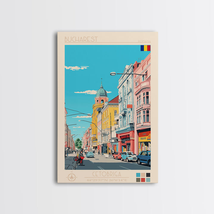 Bucharest Romania Travel Poster Framed Canvas Print, Midcentury Modern Art, Pop Art Wall Decor, Home Decor, Vacation Gift, Living Room Art