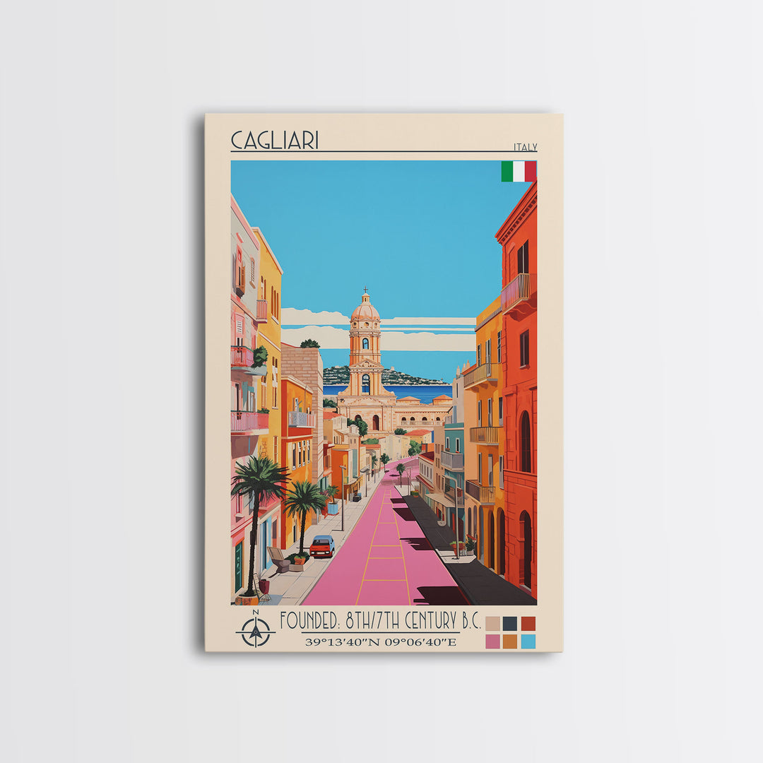 Cagliari Italy Travel Poster Framed Canvas Print, Midcentury Modern Art, Pop Art Wall Decor, Home Decor, Vacation Gift, Living Room Art