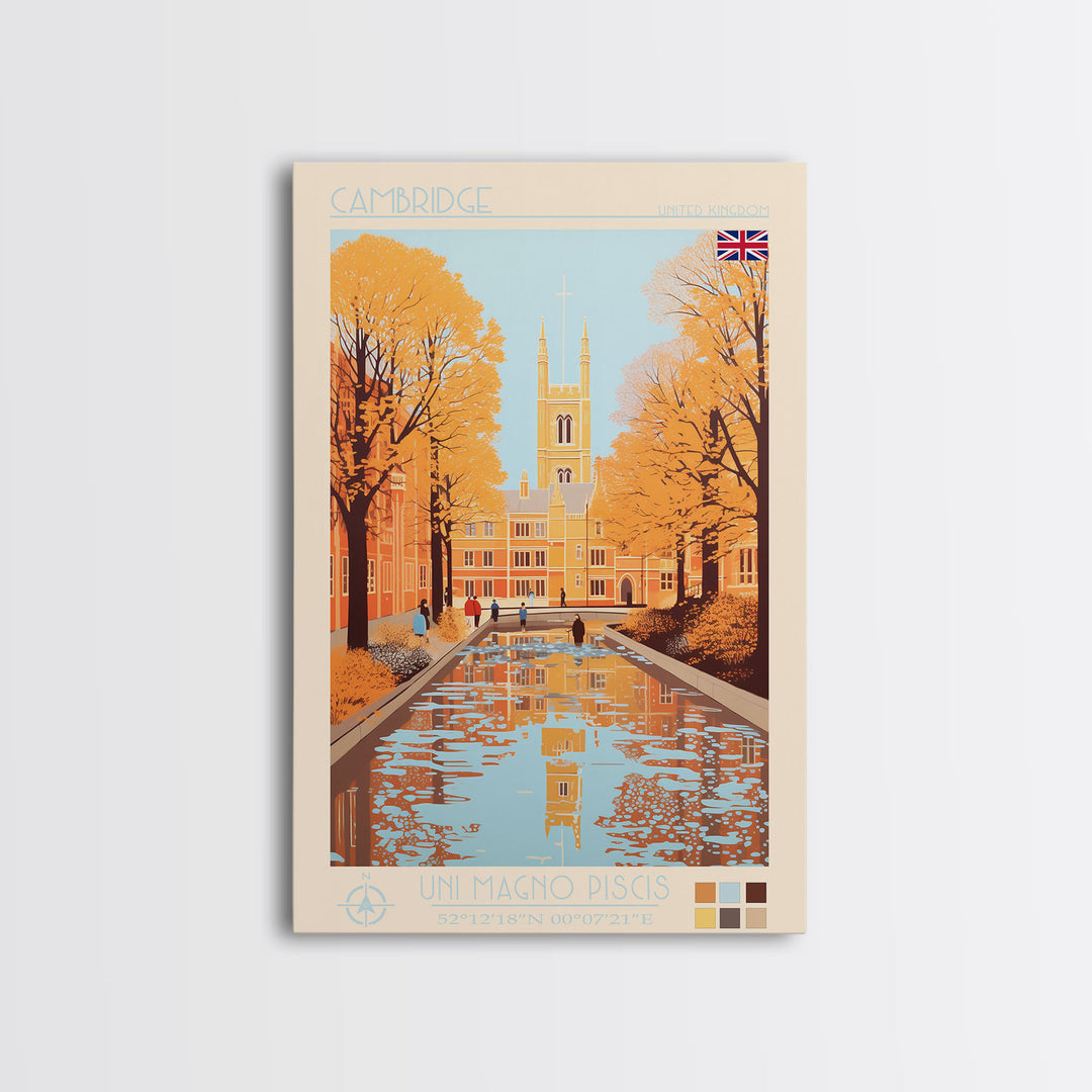 Cambridge United Kingdom Travel Poster Framed Canvas Print, Midcentury Modern Art, Pop Art Wall Decor, Home Decor, Vacation Gift, Living Room Art