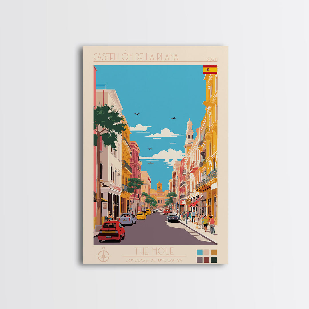 Castellón de la Plana Spain Travel Poster Framed Canvas Print, Midcentury Modern Art, Pop Art Wall Decor, Home Decor, Vacation Gift, Living Room Art