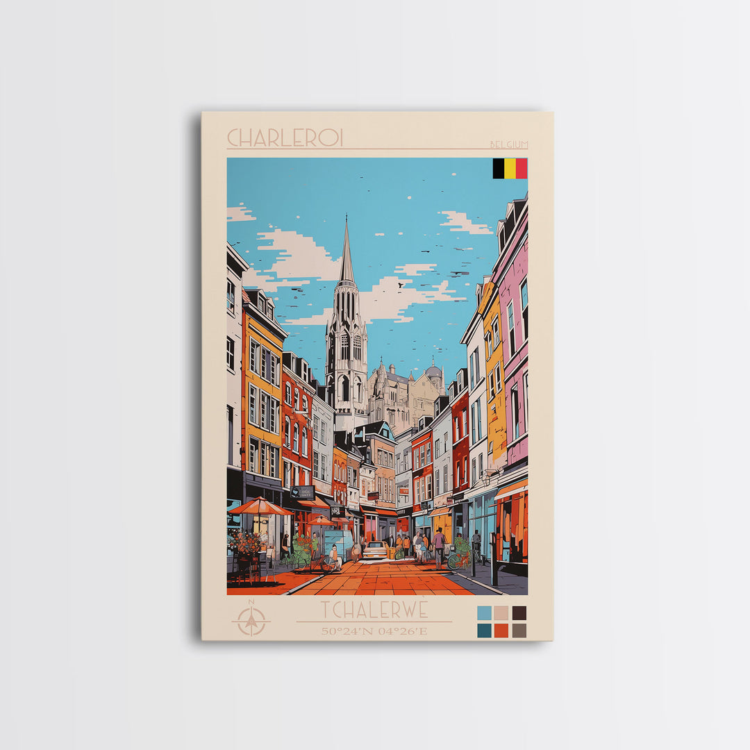 Charleroi Belgium Travel Poster Framed Canvas Print, Midcentury Modern Art, Pop Art Wall Decor, Home Decor, Vacation Gift, Living Room Art