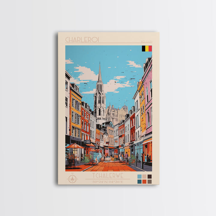 Charleroi Belgium Travel Poster Framed Canvas Print, Midcentury Modern Art, Pop Art Wall Decor, Home Decor, Vacation Gift, Living Room Art