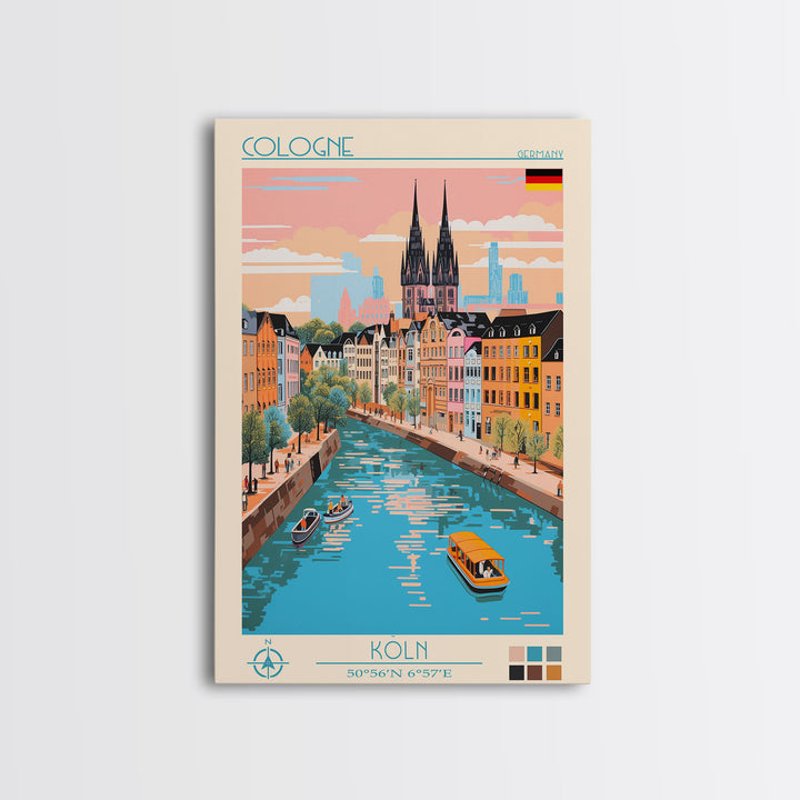 Cologne Germany Travel Poster Framed Canvas Print, Midcentury Modern Art, Pop Art Wall Decor, Scenic Wall Art, Living Room Art