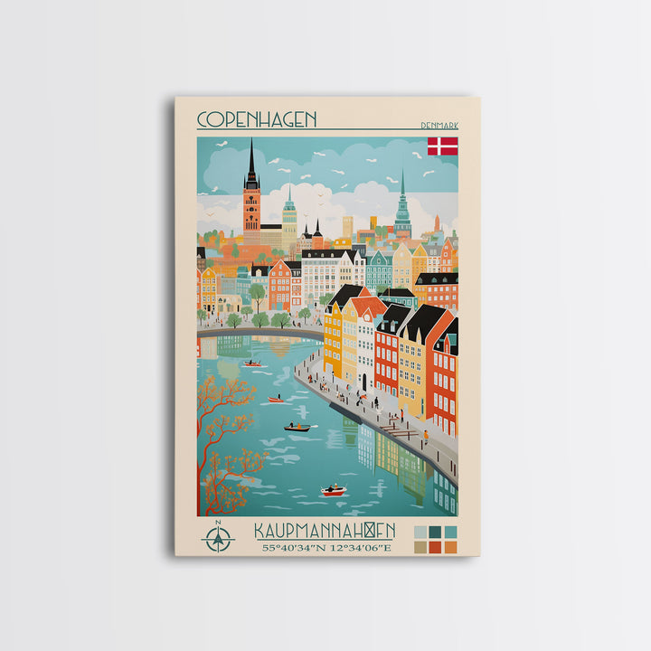 Copenhagen Denmark Travel Poster Framed Canvas Print, Vintage Style, Pop Art Home Decor, Scenic Wall Art, Living Room Decoration, Artistic Gift