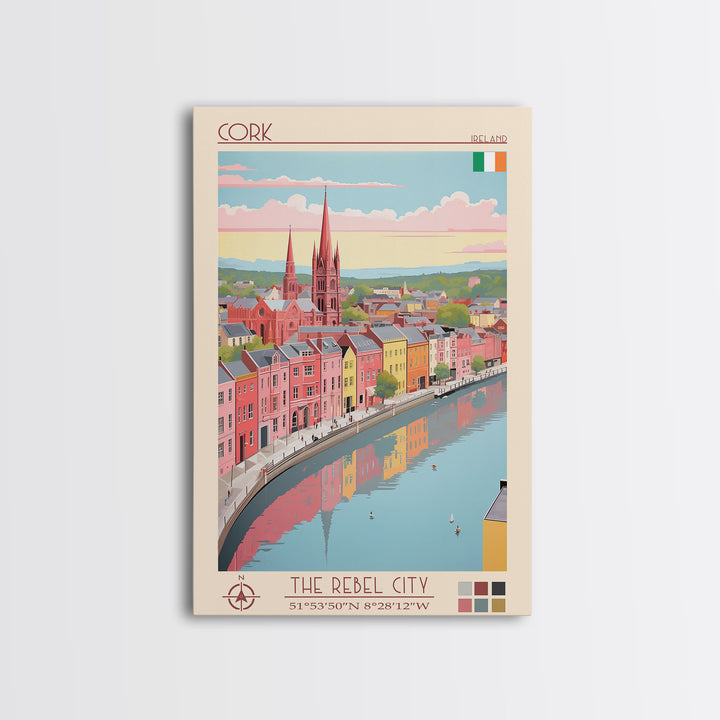 Cork Ireland Travel Poster Framed Canvas Print, Midcentury Modern Art, Pop Art Wall Decor, Home Decor, Vacation Gift, Living Room Art