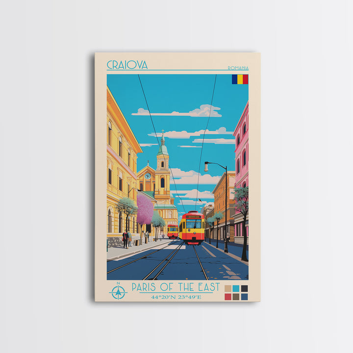 Craiova Romania Travel Poster Framed Canvas Print, Midcentury Modern Art, Pop Art Wall Decor, Home Decor, Vacation Gift, Living Room Art