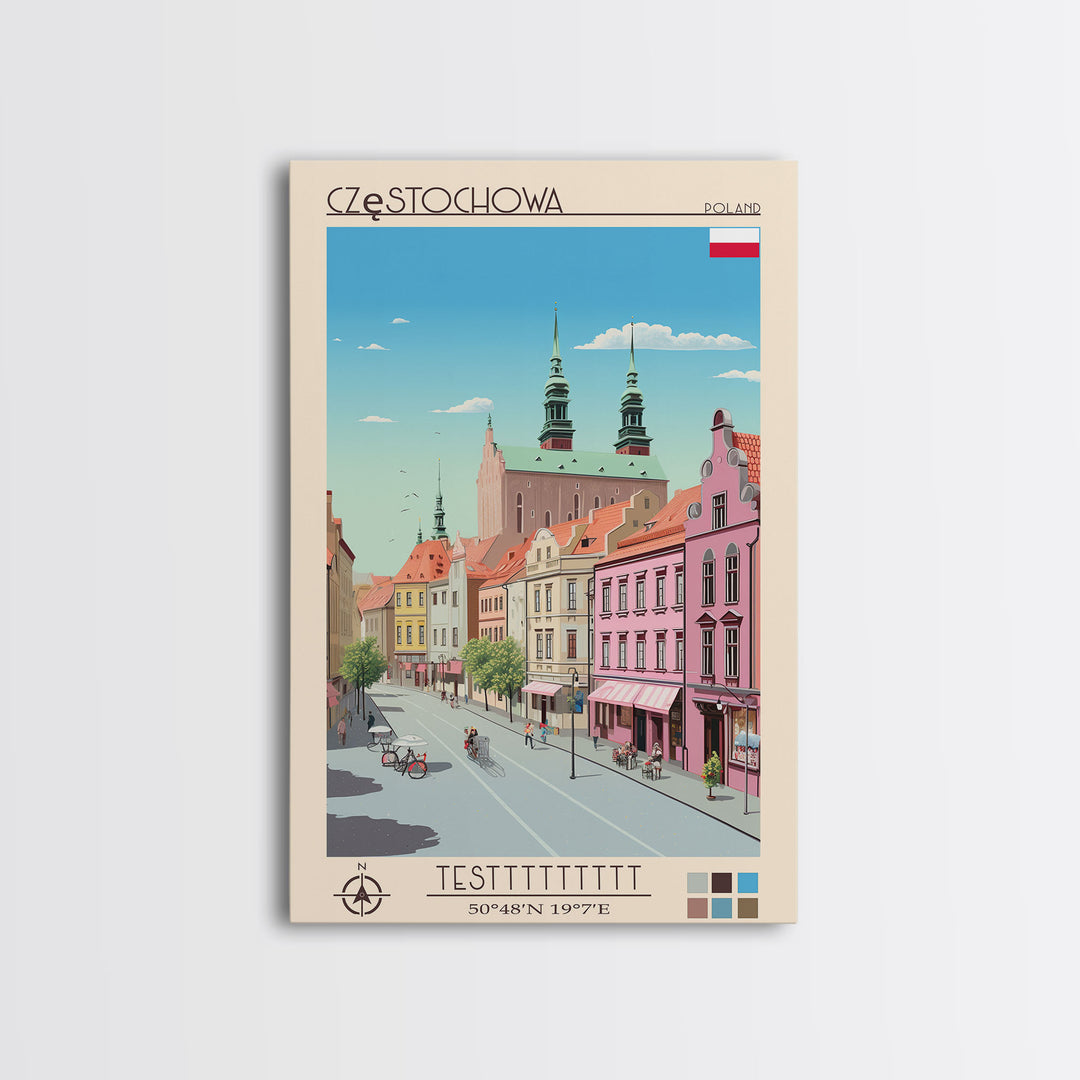Częstochowa Poland Travel Poster Framed Canvas Print, Midcentury Modern Art, Pop Art Wall Decor, Home Decor, Vacation Gift, Living Room Art