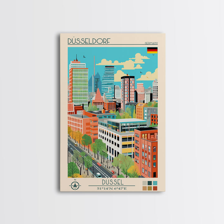 Düsseldorf Germany Travel Poster Framed Canvas Print, Midcentury Modern Art, Pop Art Wall Decor, Home Decor, Vacation Gift, Office Art