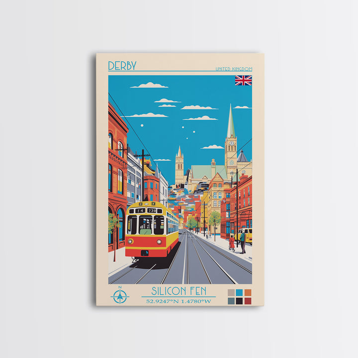 Derby United Kingdom Travel Poster Framed Canvas Print, Midcentury Modern Art, Pop Art Wall Decor, Scenic Wall Art, Living Room Art