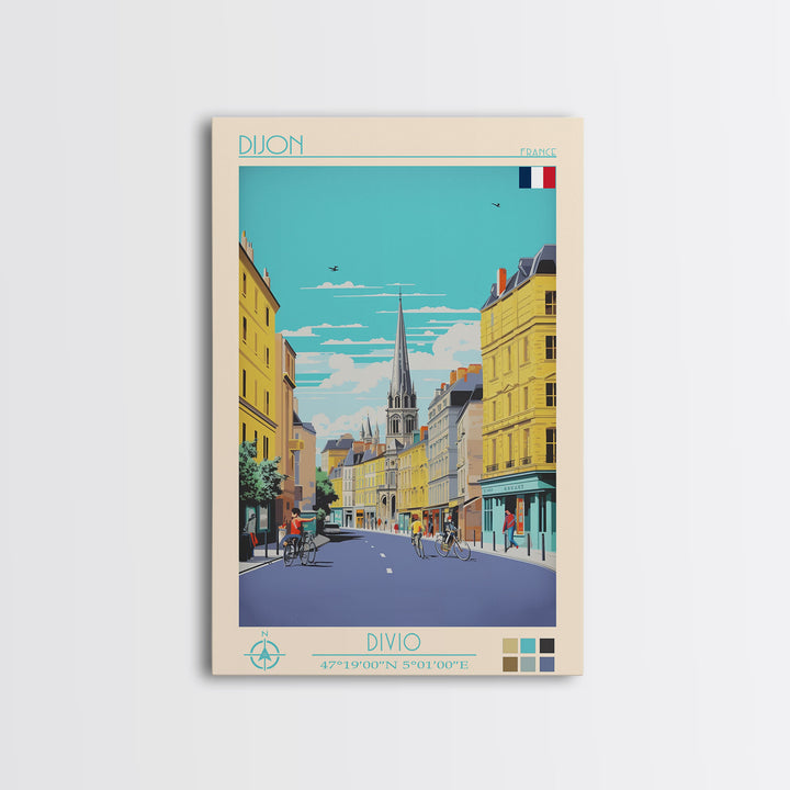 Dijon France Travel Poster Framed Canvas Print, Midcentury Modern Art, Pop Art Wall Decor, Home Decor, Vacation Gift, Living Room Art