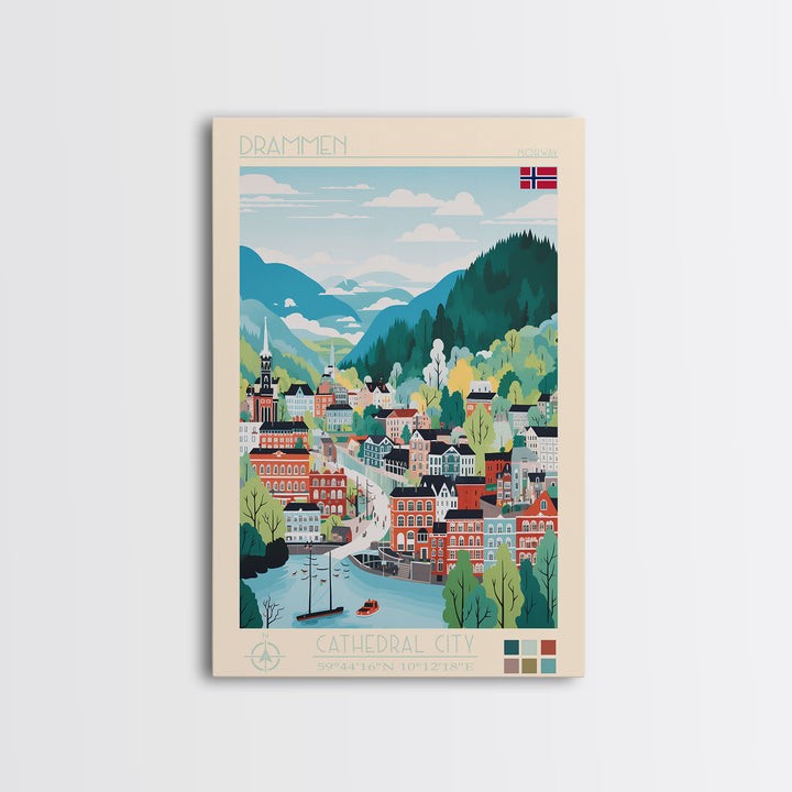 Drammen Norway Travel Poster Framed Canvas Print, Midcentury Modern Art, Pop Art Wall Decor, Home Decor, Vacation Gift, Living Room Art
