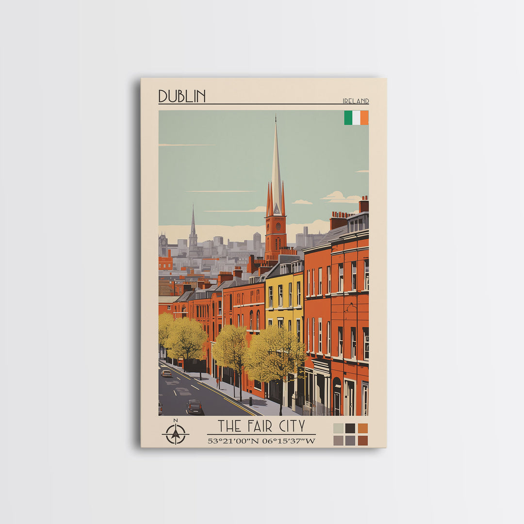 Dublin Ireland Travel Poster Framed Canvas Print, Midcentury Modern Art, Pop Art Wall Decor, Scenic Bedroom Art, Office Decoration