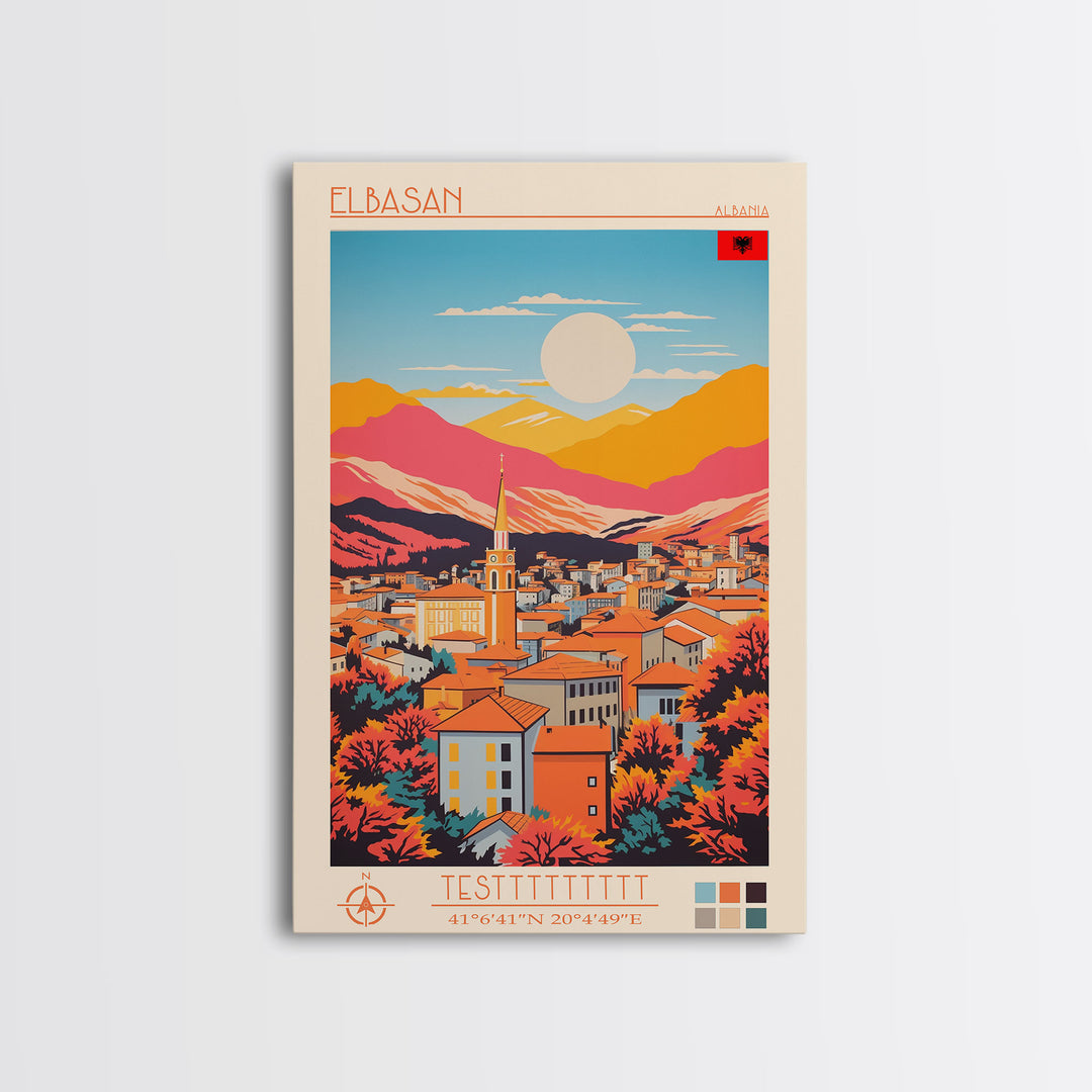 Elbasan Albania Travel Poster Framed Canvas Print, Midcentury Modern Art, Pop Art Wall Decor, Home Decor, Vacation Gift, Bedroom Art