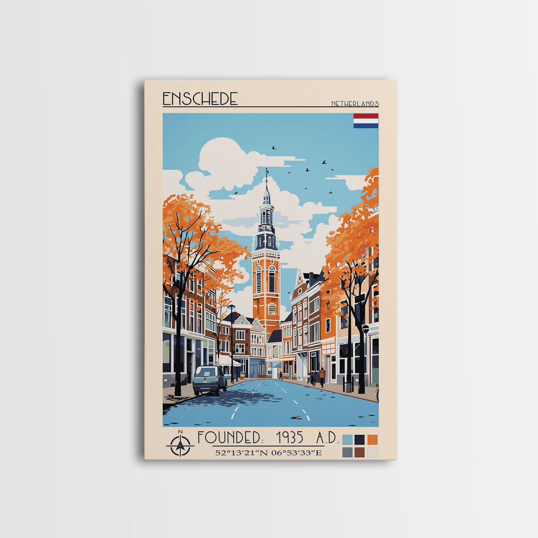 Enschede Netherlands Travel Poster Framed Canvas Print, Midcentury Modern Art, Pop Art Wall Decor, Scenic Wall Art, Bedroom Decoration