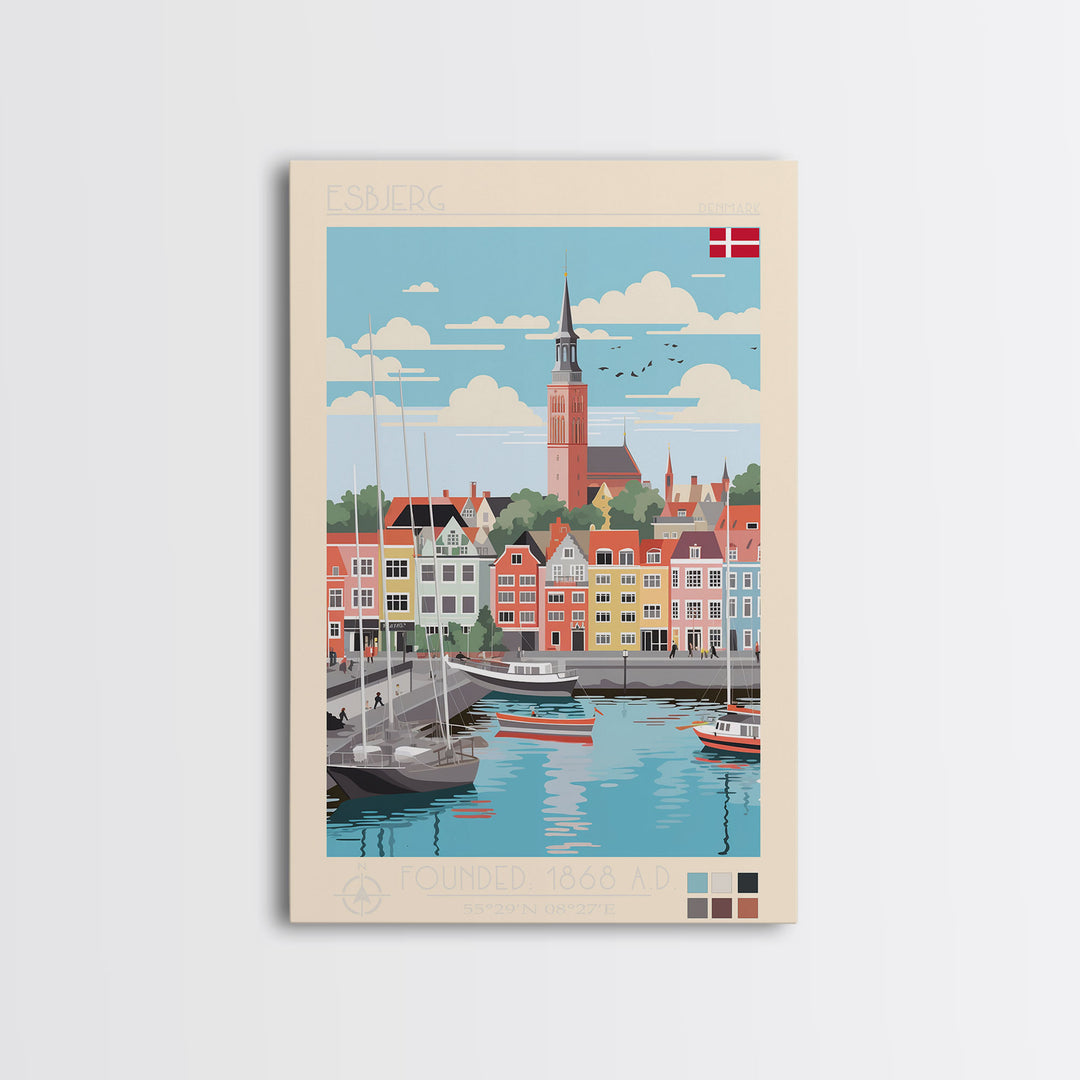 Esbjerg Denmark Travel Poster Framed Canvas Print, Midcentury Modern Art, Pop Art Wall Decor, Scenic Bedroom Art, Office Decoration
