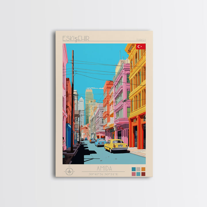 Eskişehir Turkey Travel Poster Framed Canvas Print, Midcentury Modern Art, Pop Art Wall Decor, Scenic Living Room Art, Bedroom Decor