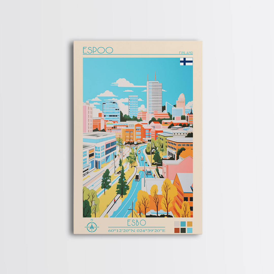 Espoo Finland Travel Poster Framed Canvas Print, Vintage Style, Pop Art Home Decor, Scenic Wall Art, Bedroom Decoration, Office Gift