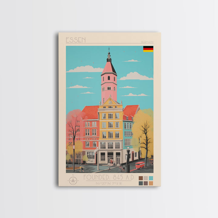 Essen Germany Travel Poster Framed Canvas Print, Midcentury Modern Art, Pop Art Wall Decor, Home Decor, Vacation Gift, Office Art