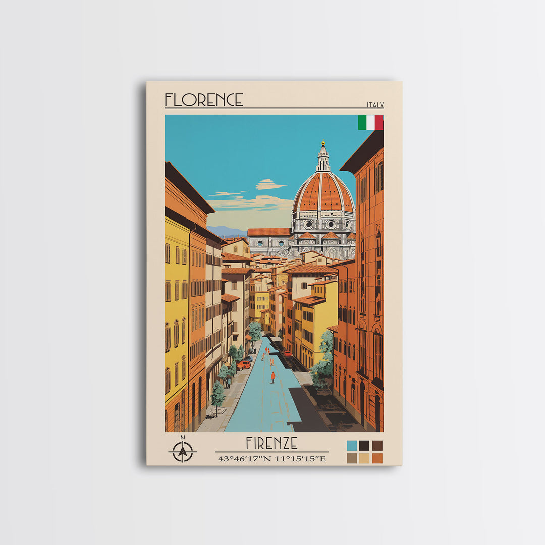 Florence Italy Travel Poster Framed Canvas Print, Midcentury Modern Art, Pop Art Wall Decor, Scenic Wall Art, Living Room Decoration, Office Art