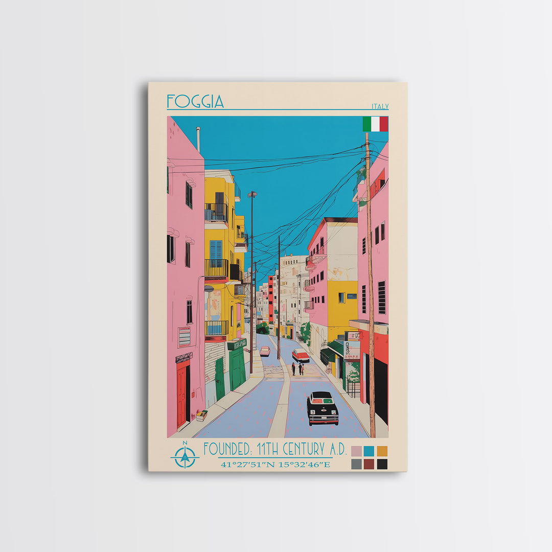 Foggia Italy Travel Poster Framed Canvas Print, Midcentury Modern Art, Pop Art Wall Decor, Home Decor, Vacation Gift, Bedroom Art