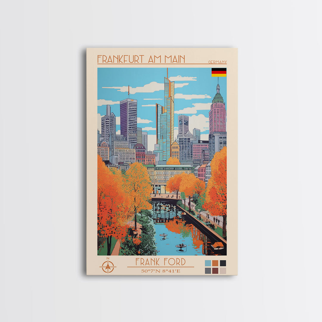 Frankfurt Germany Travel Poster Framed Canvas Print, Midcentury Modern Art, Pop Art Wall Decor, Scenic Wall Art, Living Room Decoration, Office Gift