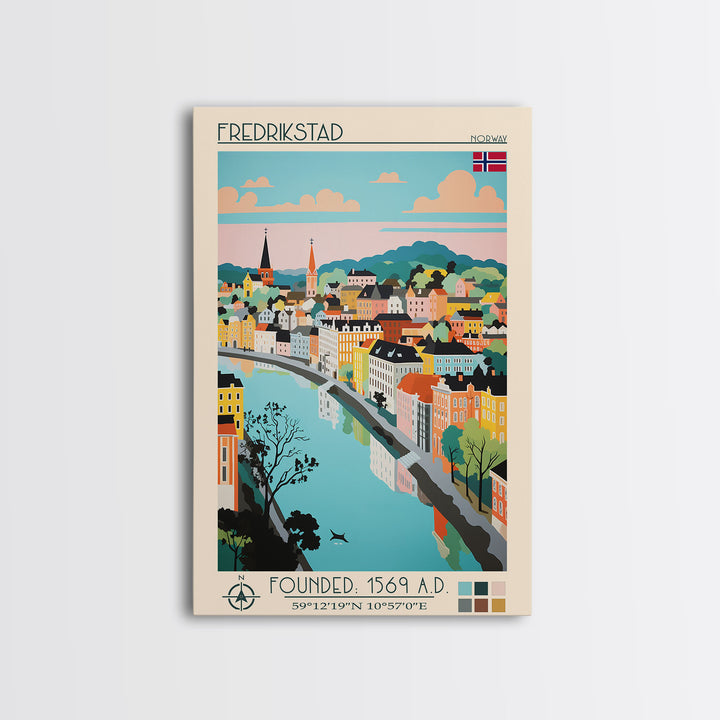 Fredrikstad Norway Travel Poster Framed Canvas Print, Midcentury Modern Art, Pop Art Wall Decor, Scenic Wall Art, Bedroom Decoration