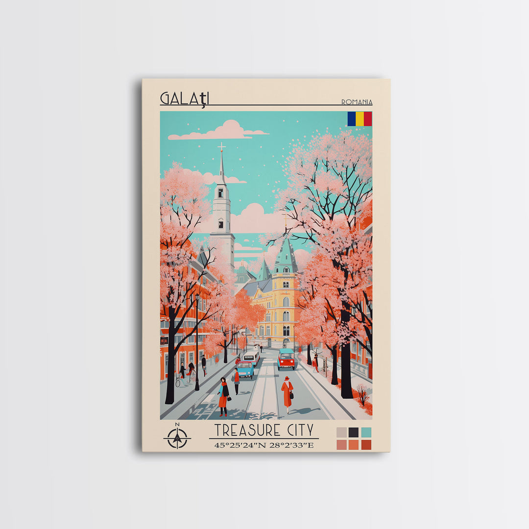 Galați Romania Travel Poster Framed Canvas Print, Midcentury Modern Art, Pop Art Wall Decor, Scenic Wall Art, Bedroom Decoration, Office Art