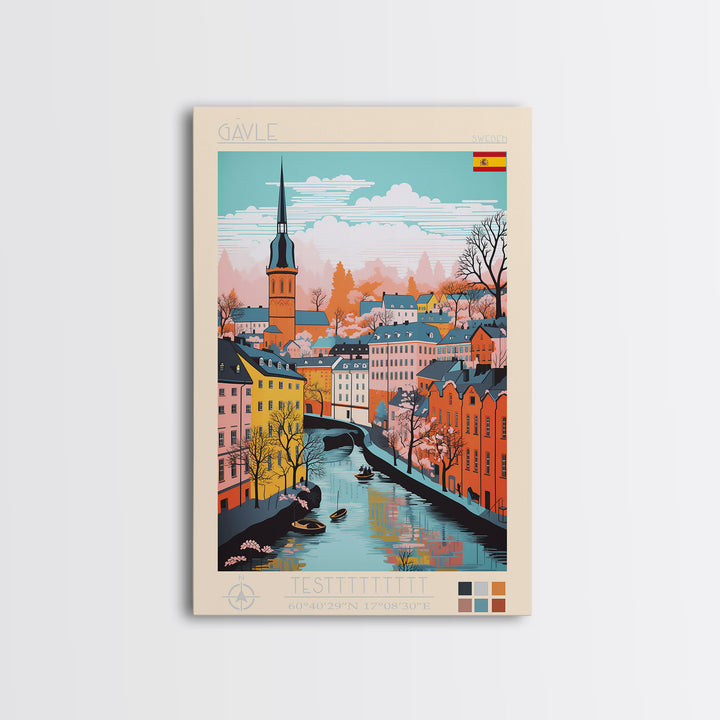 Gävle Sweden Travel Poster Framed Canvas Print, Midcentury Modern Art, Pop Art Wall Decor, Scenic Wall Art, Bedroom Decoration