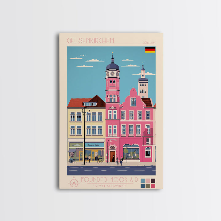 Gelsenkirchen Germany Travel Poster Framed Canvas Print, Midcentury Modern Art, Pop Art Wall Decor, Scenic Living Room Art, Bedroom Gift