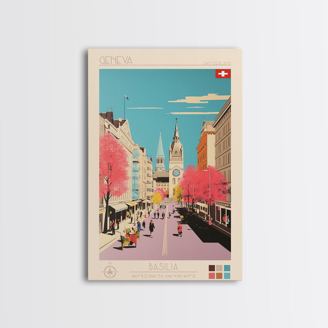 Geneva Switzerland Travel Poster Framed Canvas Print, Midcentury Modern Art, Pop Art Wall Decor, Scenic Wall Art, Living Room Decoration, Office Art