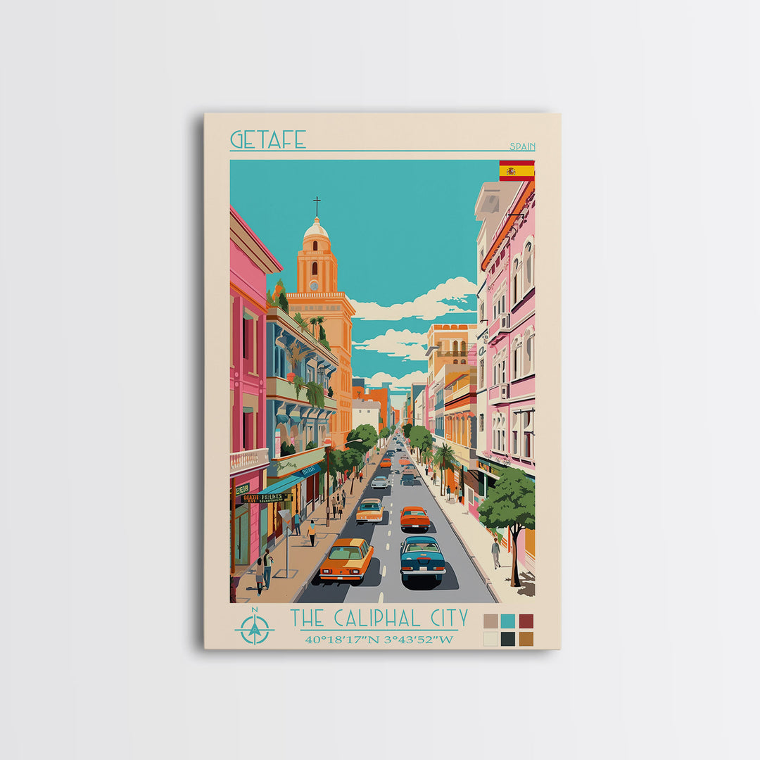 Getafe Spain Travel Poster Framed Canvas Print, Midcentury Modern Art, Pop Art Wall Decor, Scenic Wall Art, Bedroom Decoration