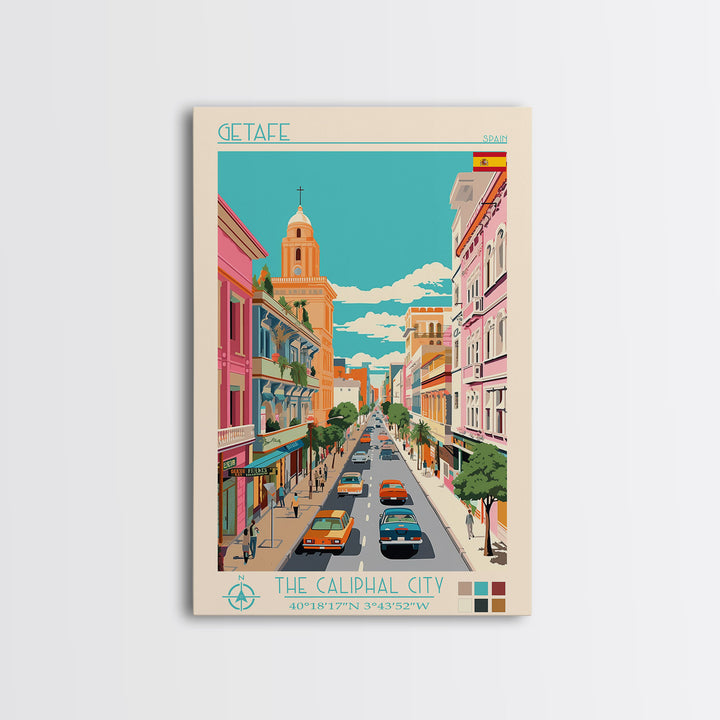 Getafe Spain Travel Poster Framed Canvas Print, Midcentury Modern Art, Pop Art Wall Decor, Scenic Wall Art, Bedroom Decoration