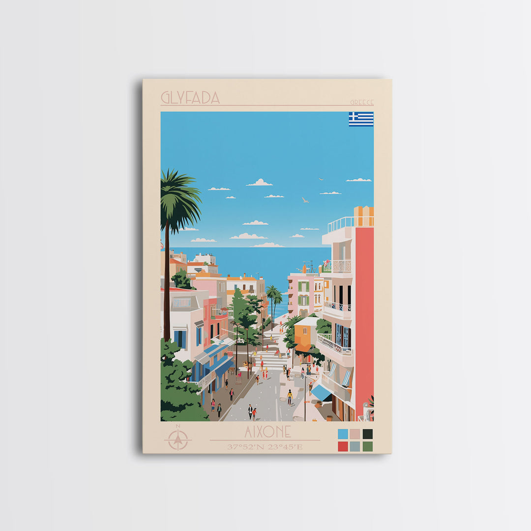 Glyfada Greece Travel Poster Framed Canvas Print, Midcentury Modern Art, Pop Art Wall Decor, Scenic Wall Art, Bedroom Decoration, Office Art
