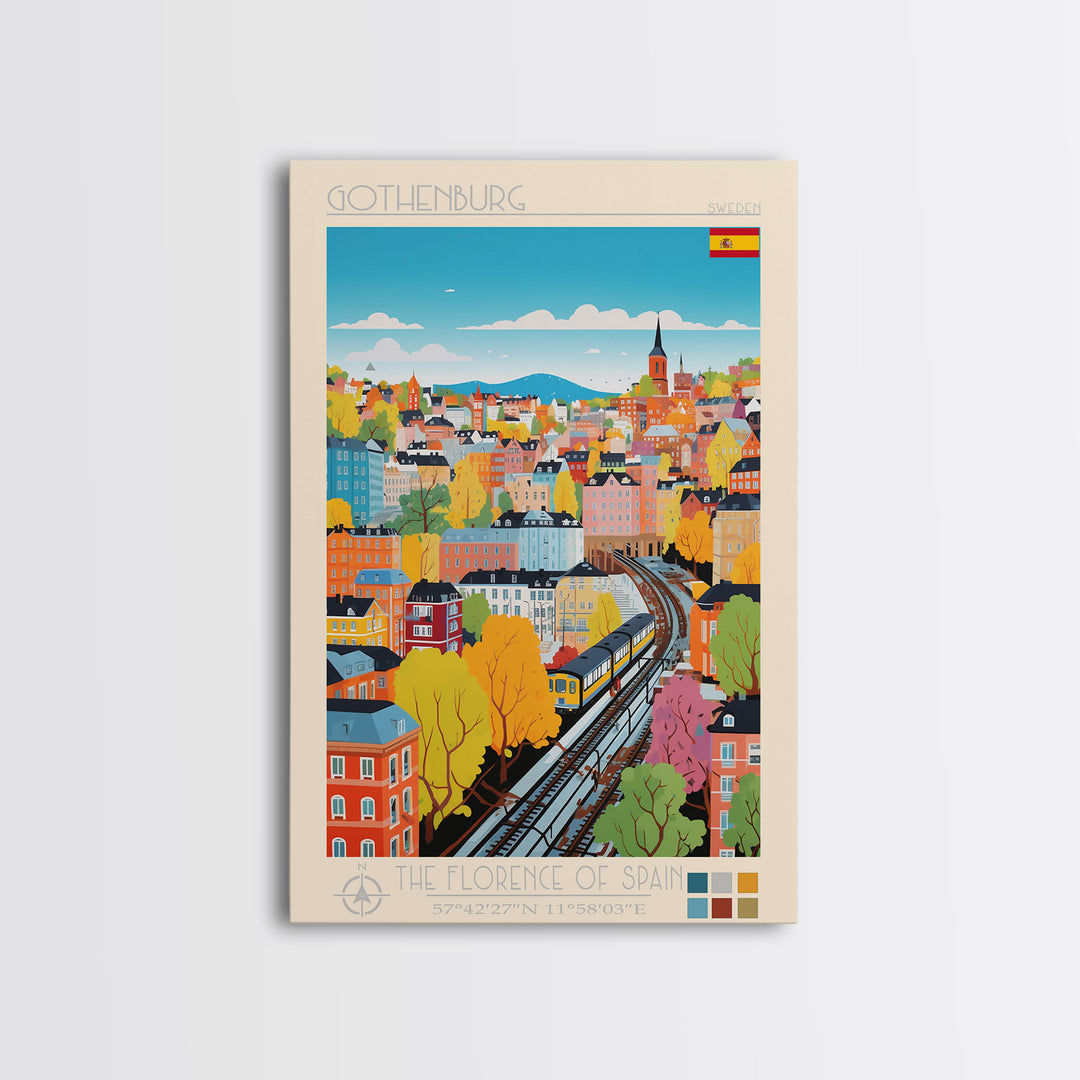 Gothenburg Sweden Travel Poster Framed Canvas Print, Midcentury Modern Art, Pop Art Wall Decor, Scenic Bedroom Art, Office Decoration