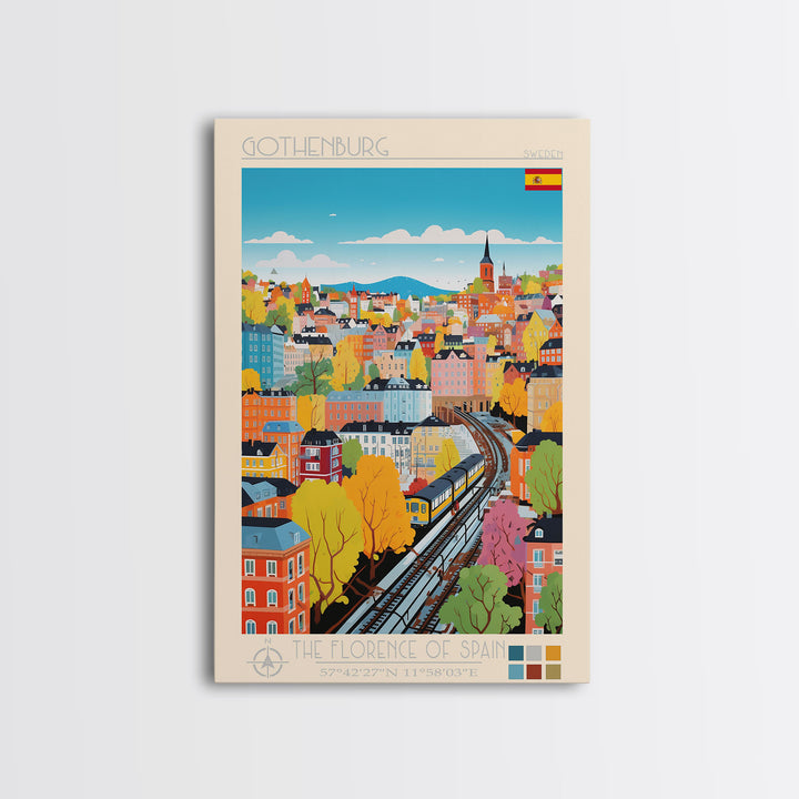 Gothenburg Sweden Travel Poster Framed Canvas Print, Midcentury Modern Art, Pop Art Wall Decor, Scenic Bedroom Art, Office Decoration