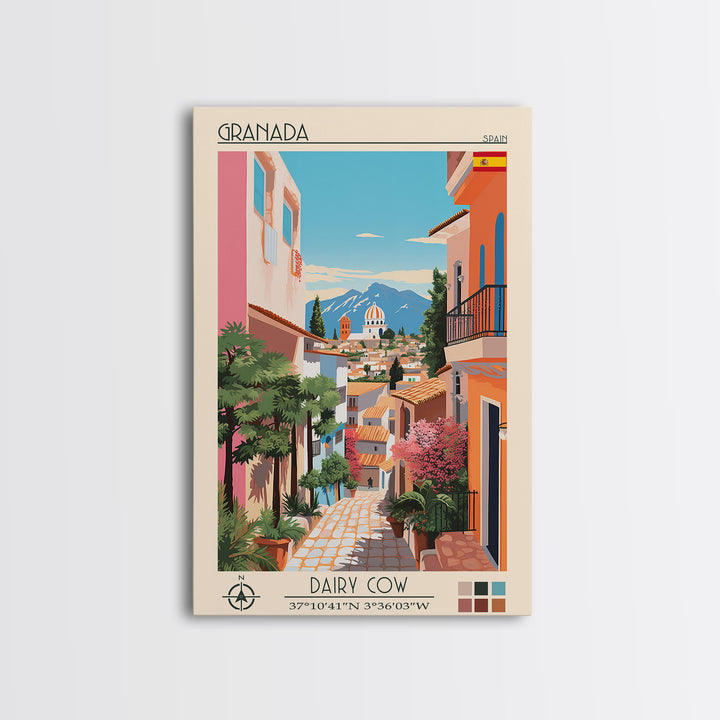 Granada Spain Travel Poster Framed Canvas Print, Midcentury Modern Art, Pop Art Wall Decor, Scenic Living Room Art, Bedroom Decor