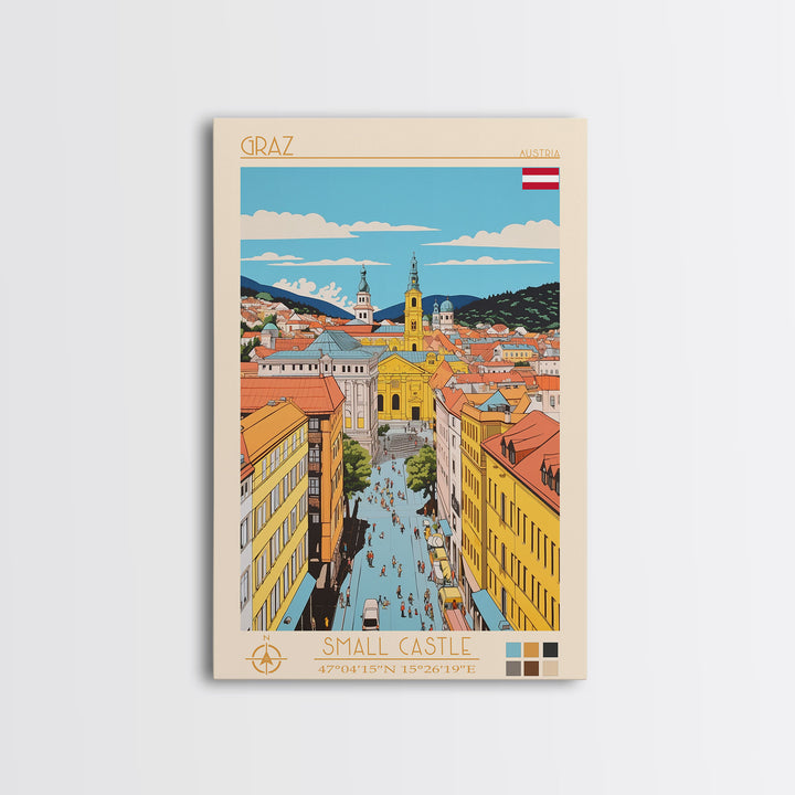 Graz Austria Travel Poster Framed Canvas Print, Vintage Style, Pop Art Home Decor, Scenic Wall Art, Bedroom Decoration, Office Gift