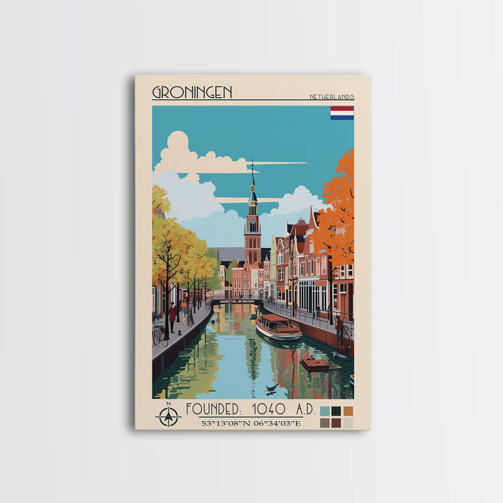 Groningen Netherlands Travel Poster Framed Canvas Print, Midcentury Modern Art, Pop Art Wall Decor, Scenic Living Room Art, Bedroom Gift