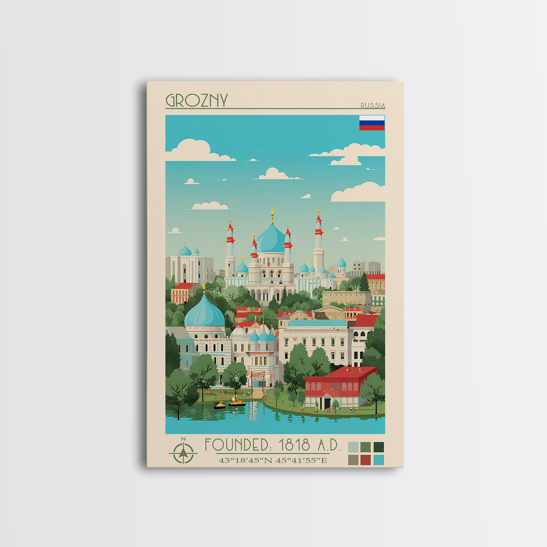 Grozny Russia Travel Poster Framed Canvas Print, Midcentury Modern Art, Pop Art Wall Decor, Scenic Wall Art, Living Room Decoration, Office Art