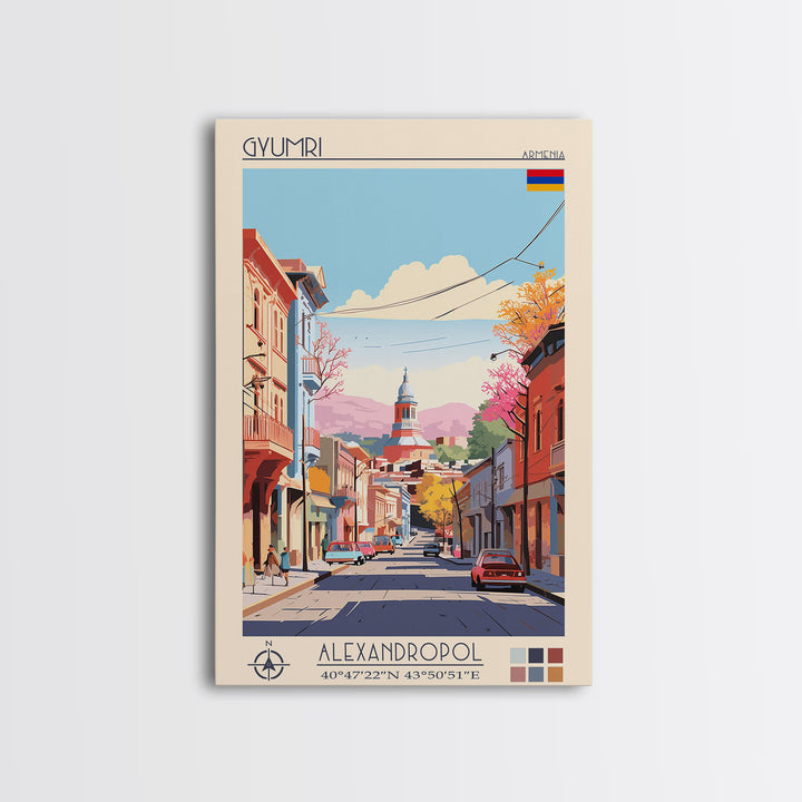 Gyumri Armenia Travel Poster Framed Canvas Print, Midcentury Modern Art, Pop Art Wall Decor, Home Decor, Vacation Gift, Bedroom Art