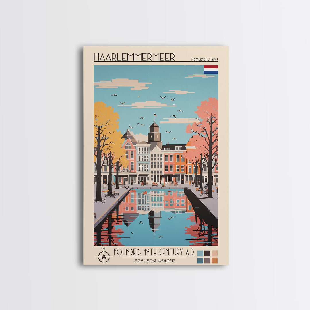Haarlemmermeer Netherlands Travel Poster Framed Canvas Print, Midcentury Modern Art, Pop Art Wall Decor, Scenic Wall Art, Living Room Decoration, Office Art