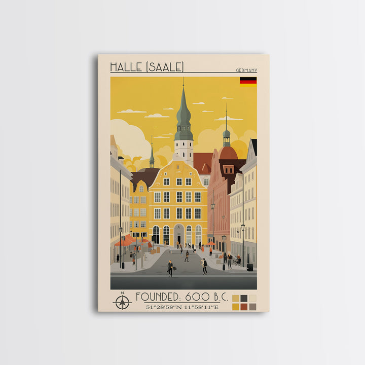 Halle Germany Travel Poster Framed Canvas Print, Midcentury Modern Art, Pop Art Wall Decor, Scenic Living Room Art, Bedroom Decor