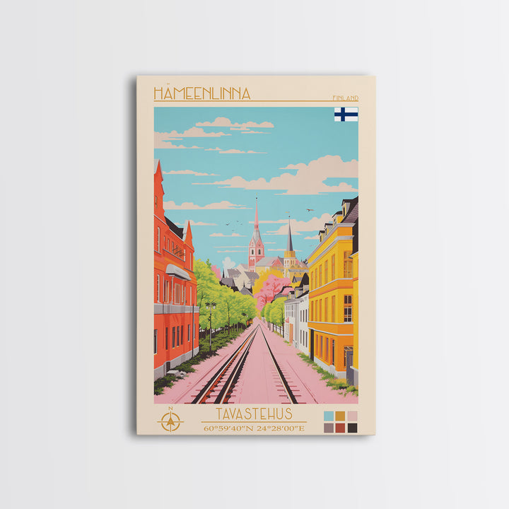 Hämeenlinna City in Finland Finland Travel Poster Framed Canvas Print, Midcentury Modern Art, Pop Art Wall Decor, Home Decor, Vacation Gift, Bedroom Art