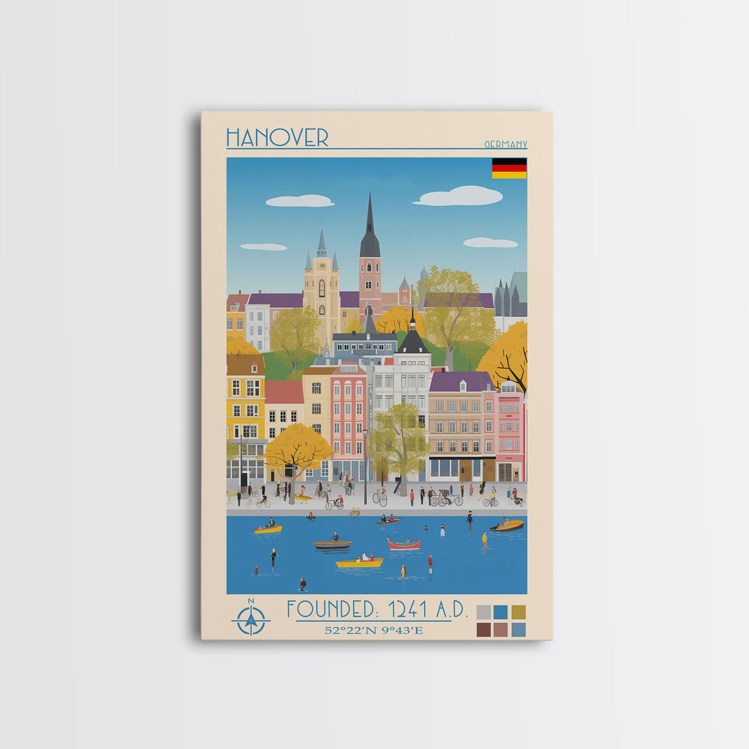 Hanover Germany Travel Poster Framed Canvas Print, Midcentury Modern Art, Pop Art Wall Decor, Scenic Wall Art, Living Room Decoration, Office Art
