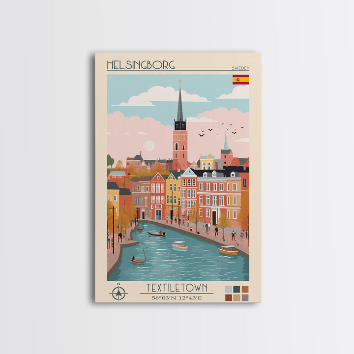 Helsingborg Sweden Travel Poster Framed Canvas Print, Midcentury Modern Art, Pop Art Wall Decor, Scenic Wall Art, Bedroom Decoration, Office Art