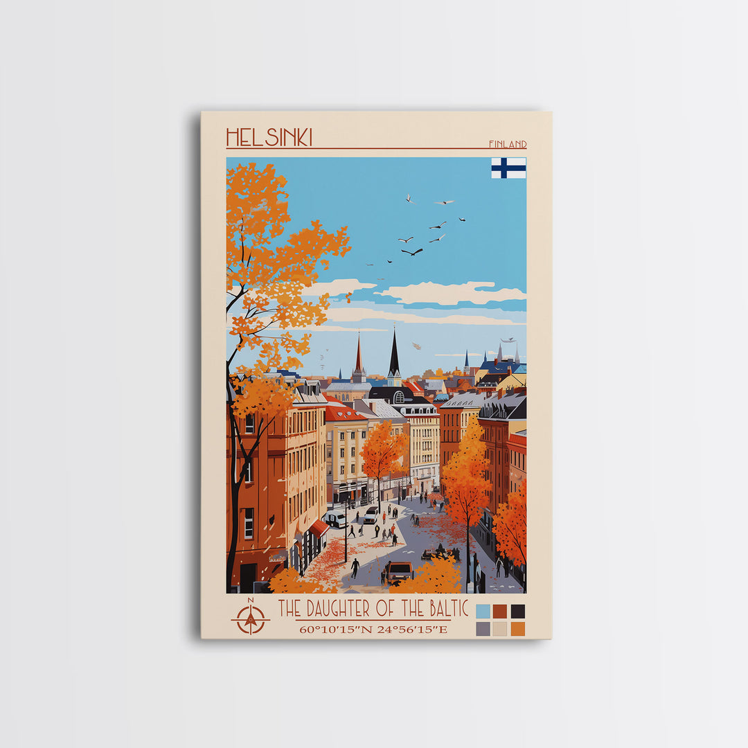 Helsinki Finland Travel Poster Framed Canvas Print, Midcentury Modern Art, Pop Art Wall Decor, Scenic Bedroom Art, Office Decoration